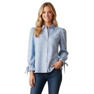Razzo Brazil Puff Bell Tie Sleeve Blue Plaid Lightweight Blouse Size 44